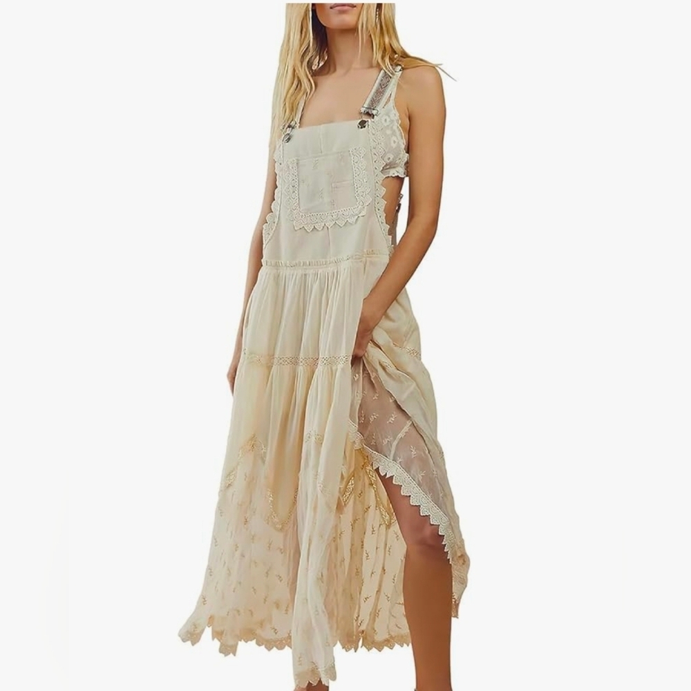 Women's Laced Embroidered Tulle Bib Dress Casual Adjustable Straps Maxi Dress